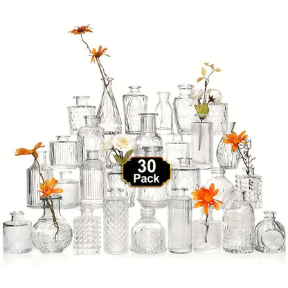 Set of 30 clear glass bud vases with vintage-inspired embossed designs by DecorBites™ for elegant decor