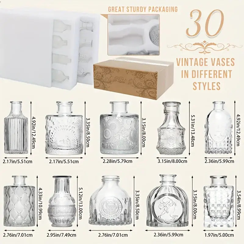 DecorBites vintage glass bud vases set of 30 clear glass bud vases in assorted ornate designs for decoration