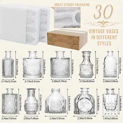DecorBites vintage glass bud vases set of 30 clear glass bud vases in assorted ornate designs for decoration