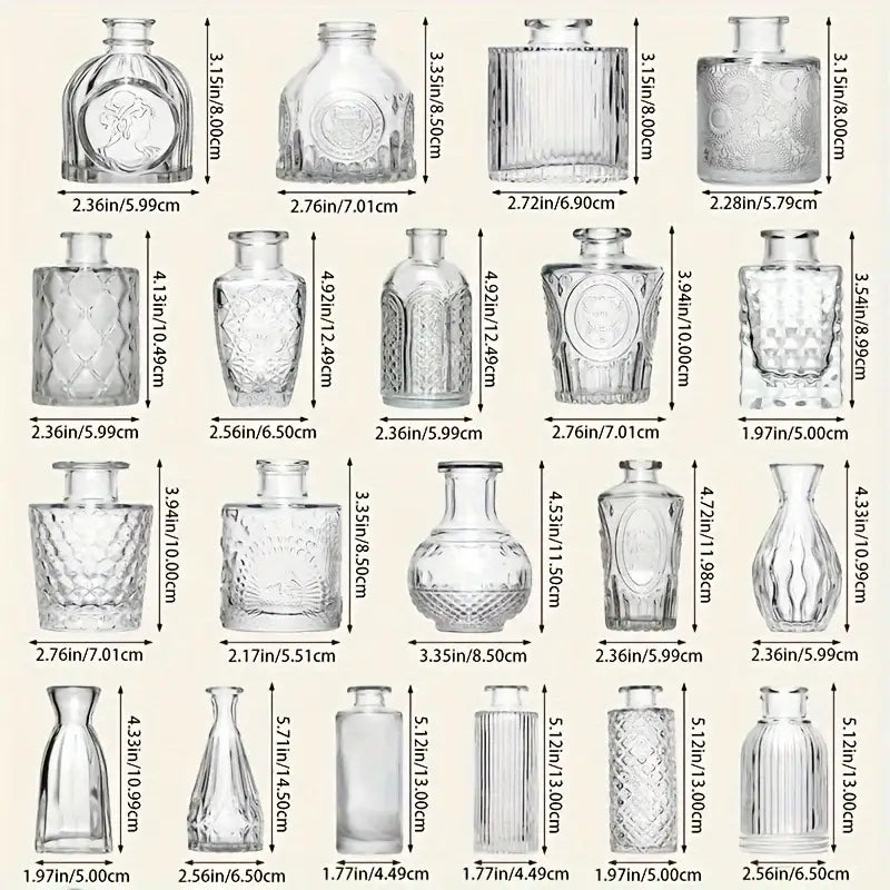 DecorBites™ vintage glass bud vases set of 30 clear glass bud vases with intricate embossed patterns and varied shapes