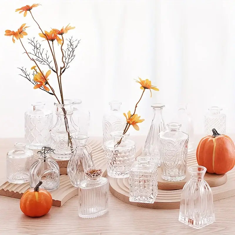 DecorBites™ vintage glass bud vases set of clear glass bud vases with intricate etching and orange flowers