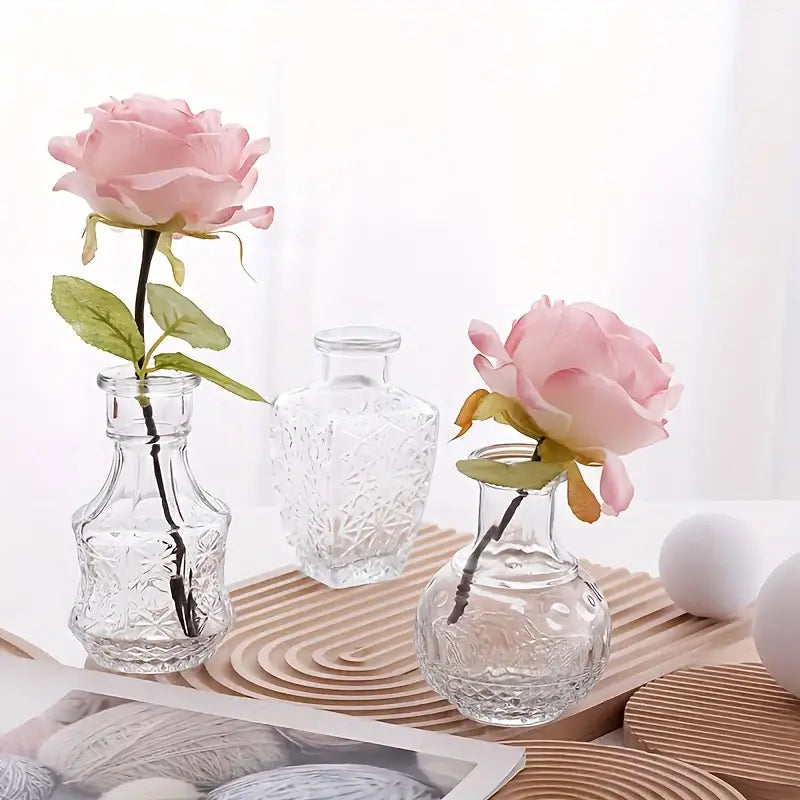 Decorbites vintage glass bud vases set of clear cut-glass bud vases holding delicate pink roses