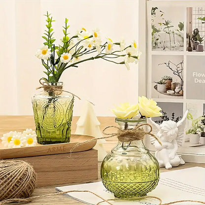 Green glass bud vase with embossed floral pattern and twine tie from decorbites vintage glass bud vases set