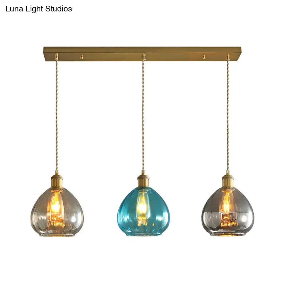 DecorBites vintage glass onion multi ceiling light pendant with brass fixtures and tan blue grey glass shades