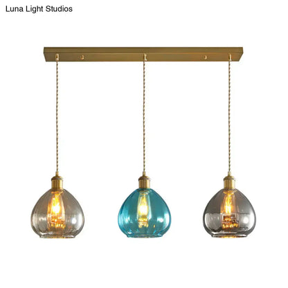 DecorBites vintage glass onion multi ceiling light pendant with brass fixtures and tan blue grey glass shades