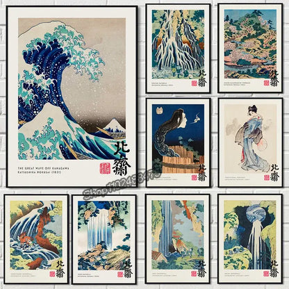 Set of nine framed vintage great wave canvas prints by katsushika hokusai in bold ukiyo-e style for wall decor