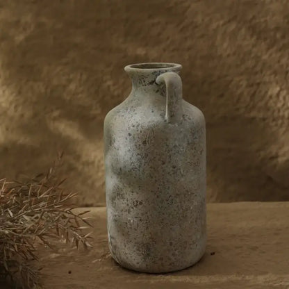 DecorBites™ vintage handmade ceramic vase in speckled gray with small handle for elegant home decor display