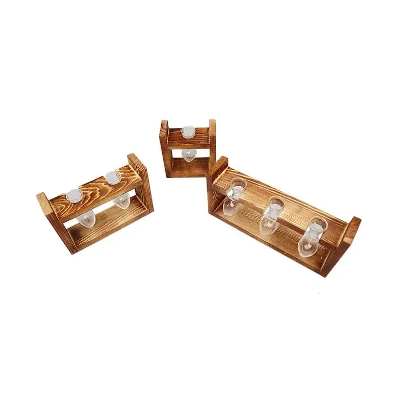 Set of three rustic wooden frame wine glass holders with clear glass vases for vintage decor and display purposes