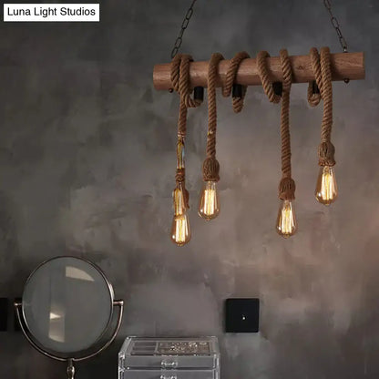 DecorBites™ vintage hemp rope pendant light with rustic wooden beam, exposed bulbs, and adjustable chain cord length