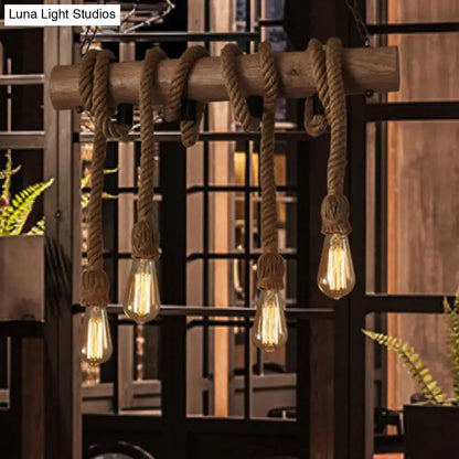 Decorbites vintage hemp rope pendant light with natural wood beam and chain cord length suspending four glowing bulbs