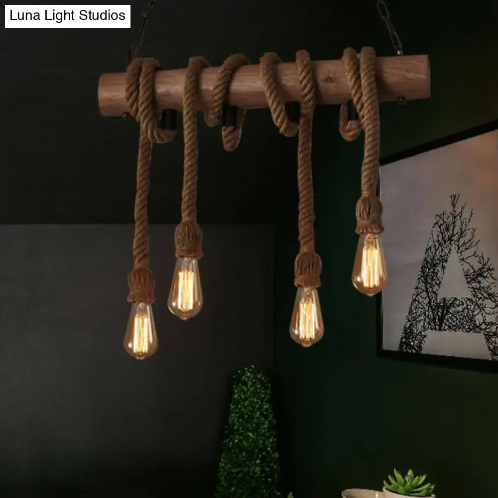 Rustic wooden beam pendant light with thick beige hemp rope and four exposed filament bulbs with adjustable chain cord length