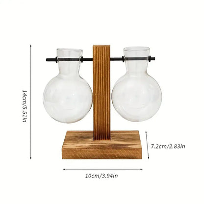 DecorBites™ vintage hydroponic glass vase with clear two bulb vases on wooden stand and black metal bar for desktop use