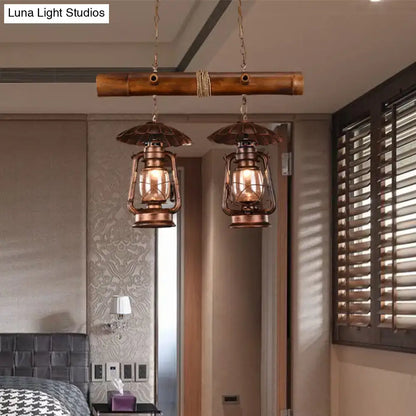 Decorbites™ vintage industrial 2-light island pendant with red brown copper finish and kerosene metallic chandelier design suspended from bamboo rod compatible with 220v-240v 110v-120v