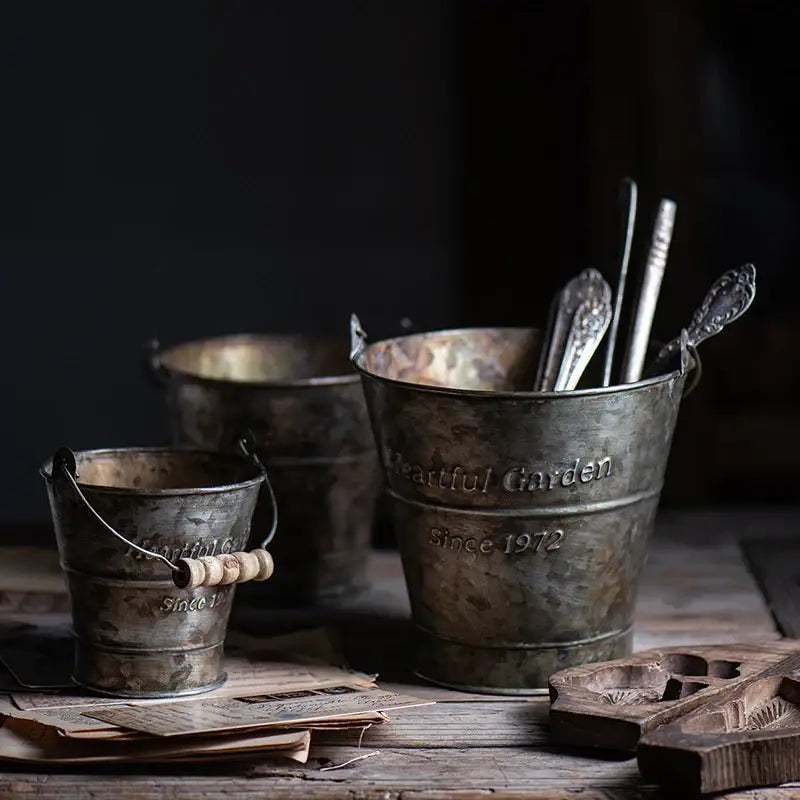 DecorBites vintage iron handle bucket made of galvanized metal with rustic patina and wooden handle for home decoration