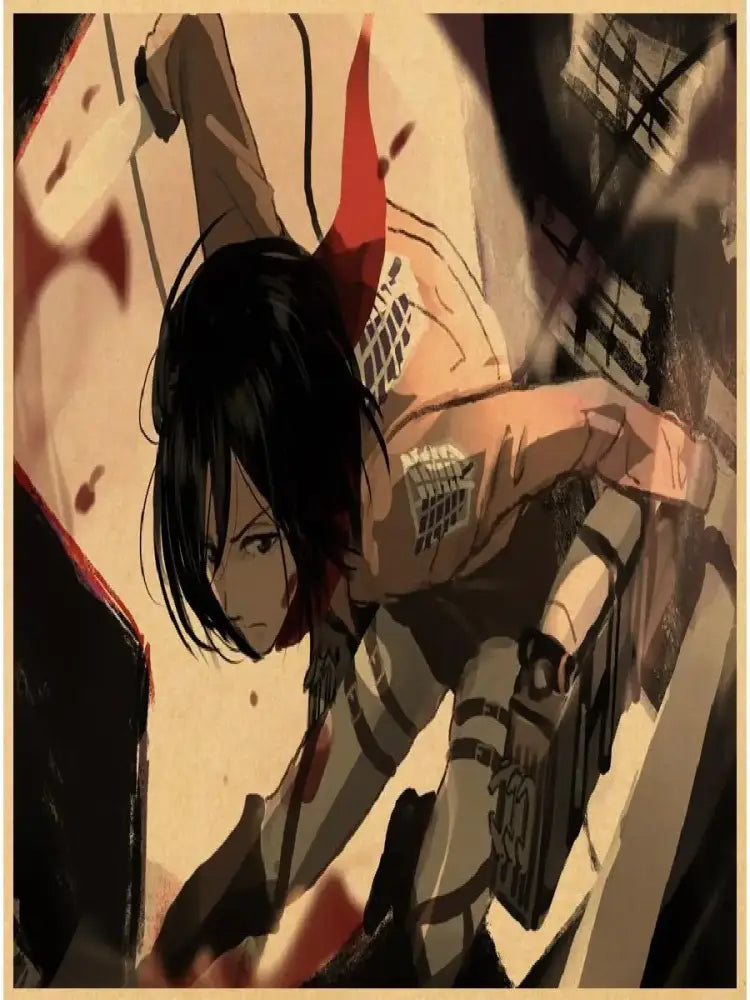 Decorbites™ vintage japanese anime attack on titan poster featuring black-haired character in beige and gray military uniform