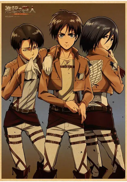 Decorbites™ vintage japanese anime attack on titan poster featuring three characters in brown and beige military uniforms