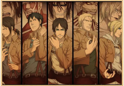DecorBites™ vintage japanese anime attack on titan poster featuring sepia-toned vertical panels of characters