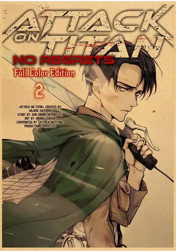 Decorbites™ vintage japanese anime poster featuring attack on titan no regrets volume 2 manga cover in full color