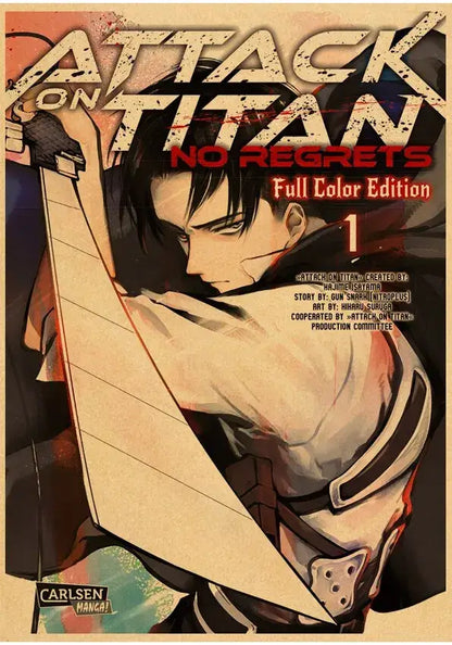 The cover of attack on titan no regrets volume 1 manga features eren yeager in survey corps uniform vintage japanese anime poster