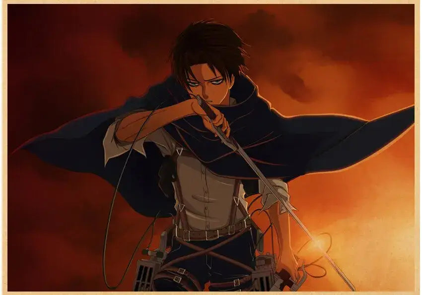 DecorBites™ vintage japanese anime poster featuring a dark blue cape with a dramatic silhouette against a fiery sky