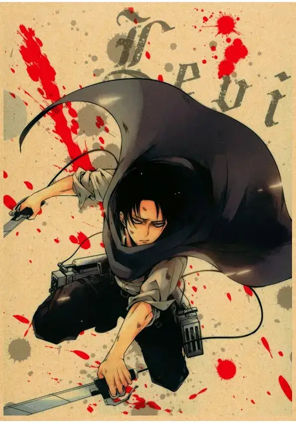 Decorbites™ vintage japanese anime attack on titan poster featuring dark gray cloak with flowing silhouette in combat pose