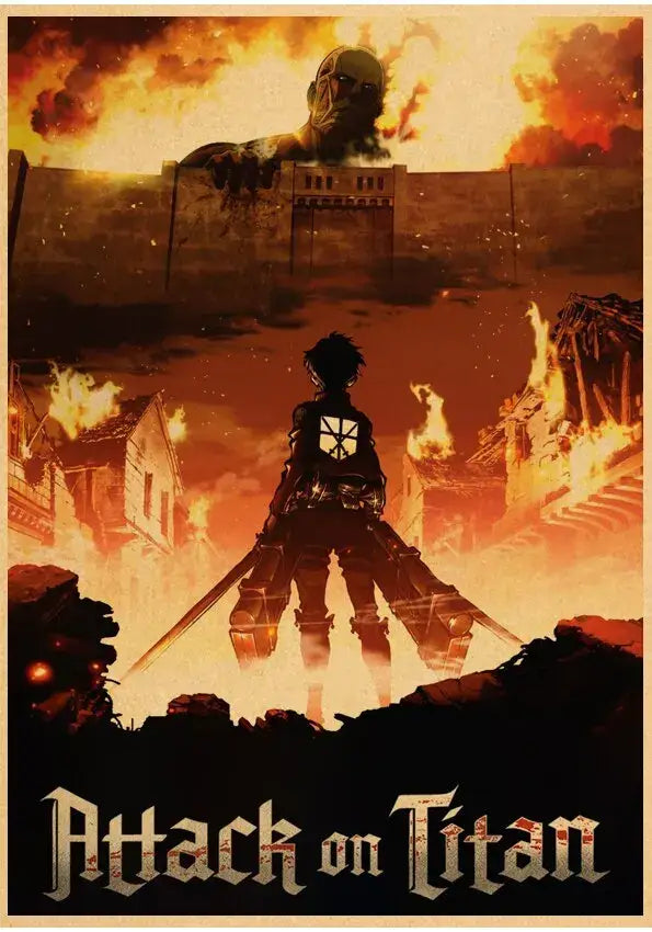 Decorbites™ vintage japanese anime attack on titan poster featuring fiery orange and black artwork of armored figure and titan