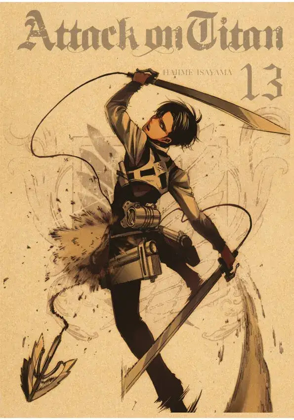 DecorBites™ vintage japanese anime poster featuring eren yeager in survey corps uniform with sword and spear