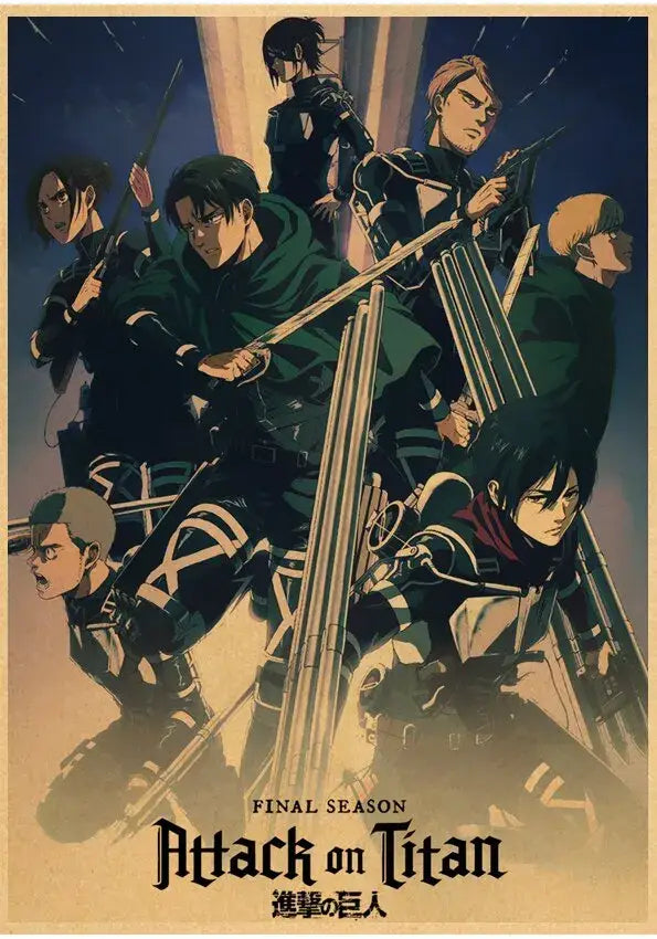 Decorbites™ vintage japanese anime attack on titan poster featuring characters in dark green and black uniforms