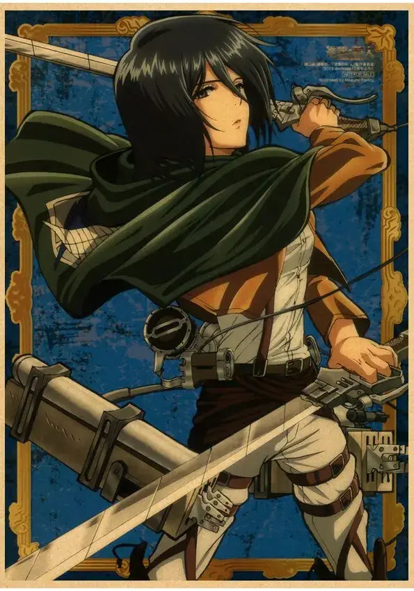 Decorbites™ vintage japanese anime attack on titan poster featuring a female character in military gear with sword and cloak