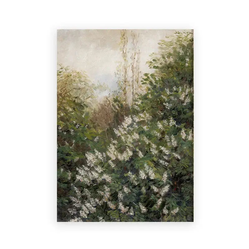 DecorBites™ vintage landscape canvas print featuring impressionistic green foliage and white blossoms wall art