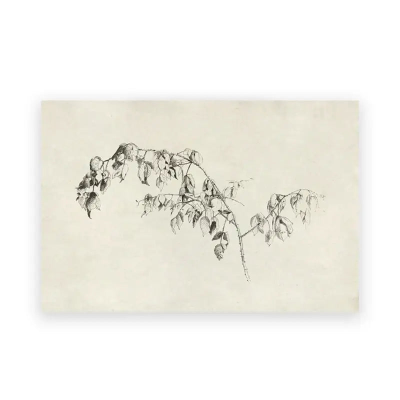 Decorbites™ vintage landscape canvas print featuring a delicate black ink sketch of a leafy branch on aged paper wall art