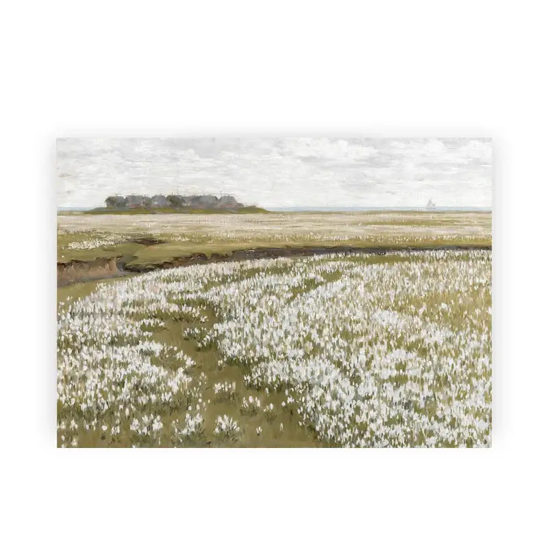 Rectangular decorbites™ vintage landscape canvas print featuring white flowers under an overcast sky wall art