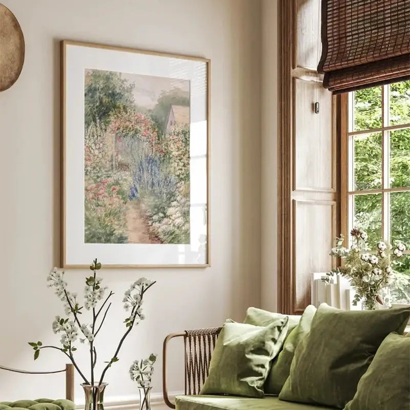 A framed vintage landscape canvas print wall art by decorbites featuring a gold-toned frame and garden path scene