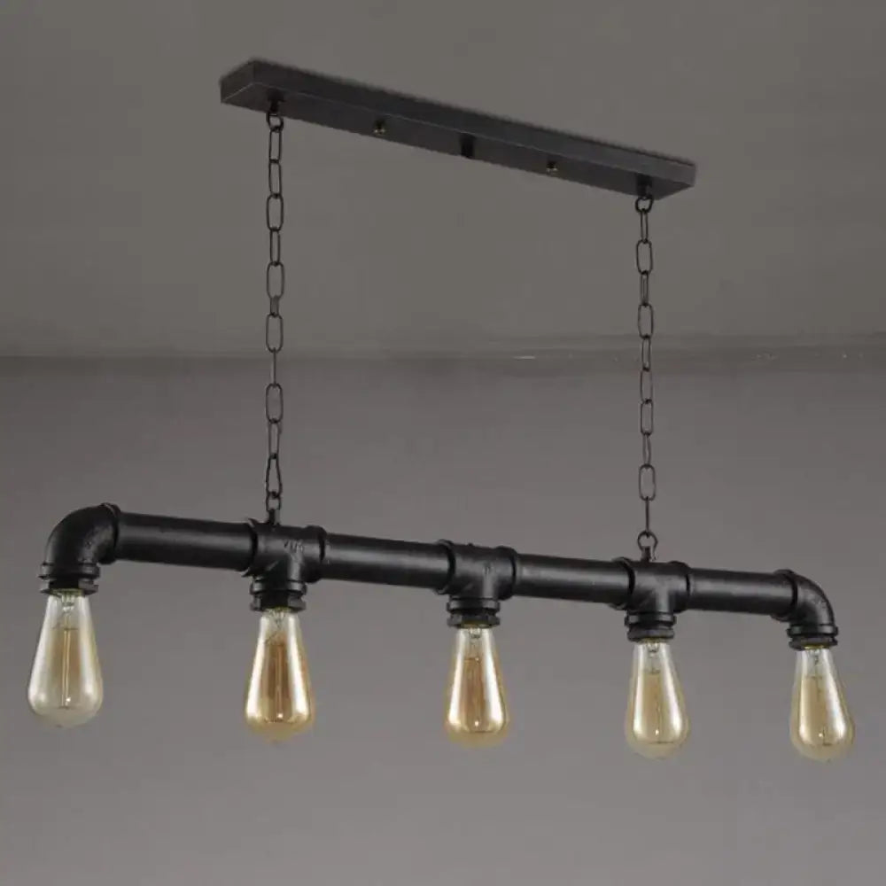 Decorbites vintage linear pipe iron ceiling light featuring black industrial-style five exposed filament bulbs for restaurant use