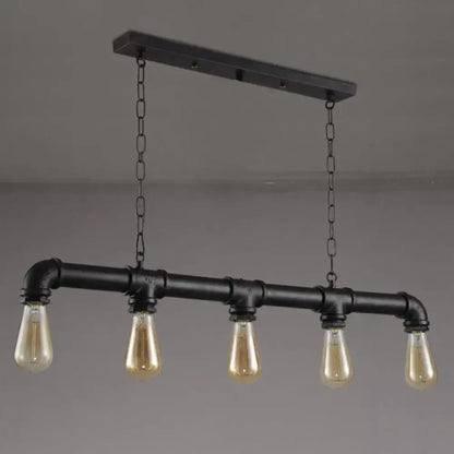 Decorbites vintage linear pipe iron ceiling light featuring black industrial-style five exposed filament bulbs for restaurant use