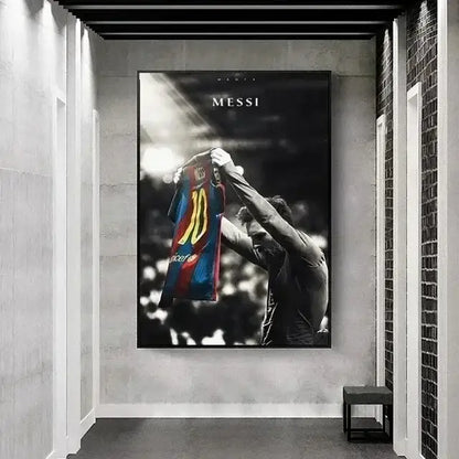 Black-and-white vintage lionel messi canvas print featuring messi holding a vibrant barcelona jersey number 10 wall art