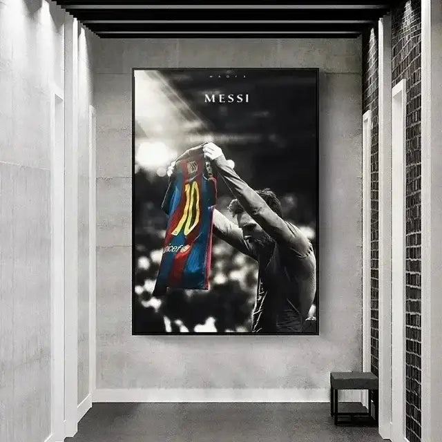 Black-and-white vintage lionel messi canvas print featuring messi holding a vibrant barcelona jersey number 10 wall art