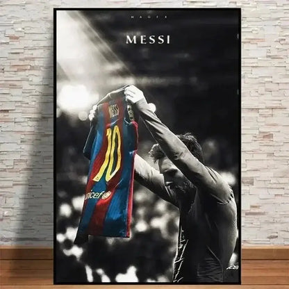 A framed vintage lionel messi canvas print featuring a black and white poster of him holding a blue and red jersey number 10