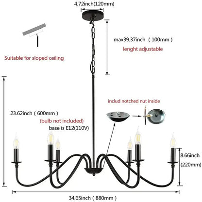 DecorBites™ vintage loft black wrought iron living room chandelier with six candle-style arms and adjustable chain