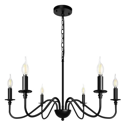 Decorbites vintage loft black wrought iron living room chandelier with six candle bulbs and central chain suspension