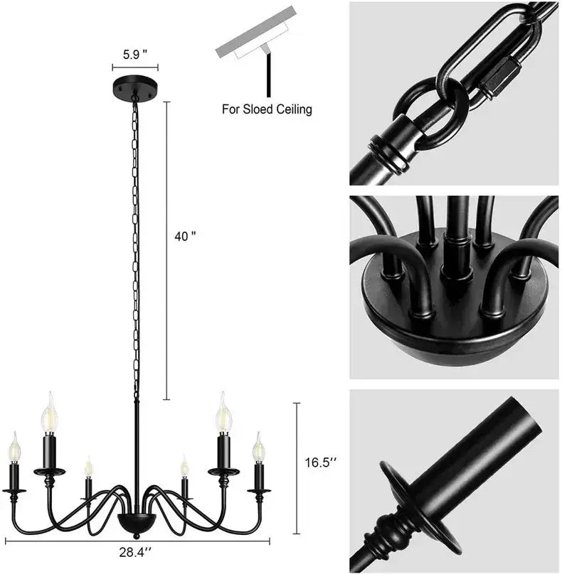 DecorBites vintage loft black wrought iron living room chandelier with six candle-style bulbs and 40-inch drop