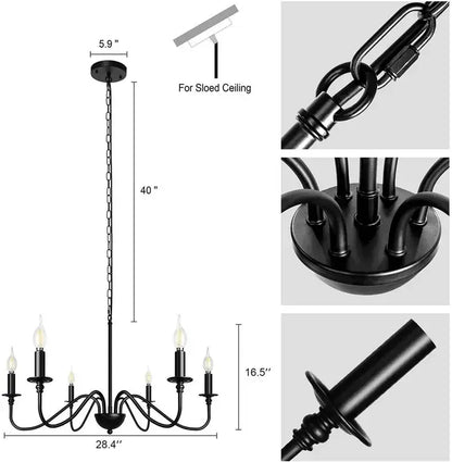 DecorBites vintage loft black wrought iron living room chandelier with six candle-style bulbs and 40-inch drop
