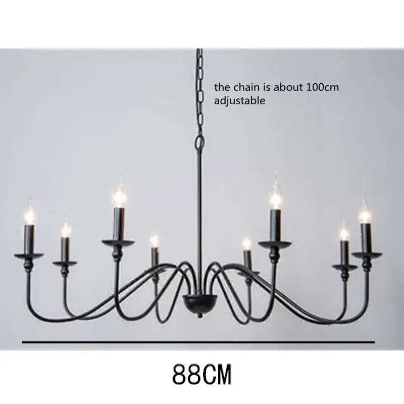DecorBites vintage loft black wrought iron living room chandelier with eight candle-style lights and adjustable chain