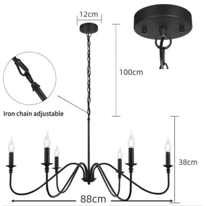 DecorBites vintage loft black wrought iron living room chandelier with six candle-style lights and adjustable chain