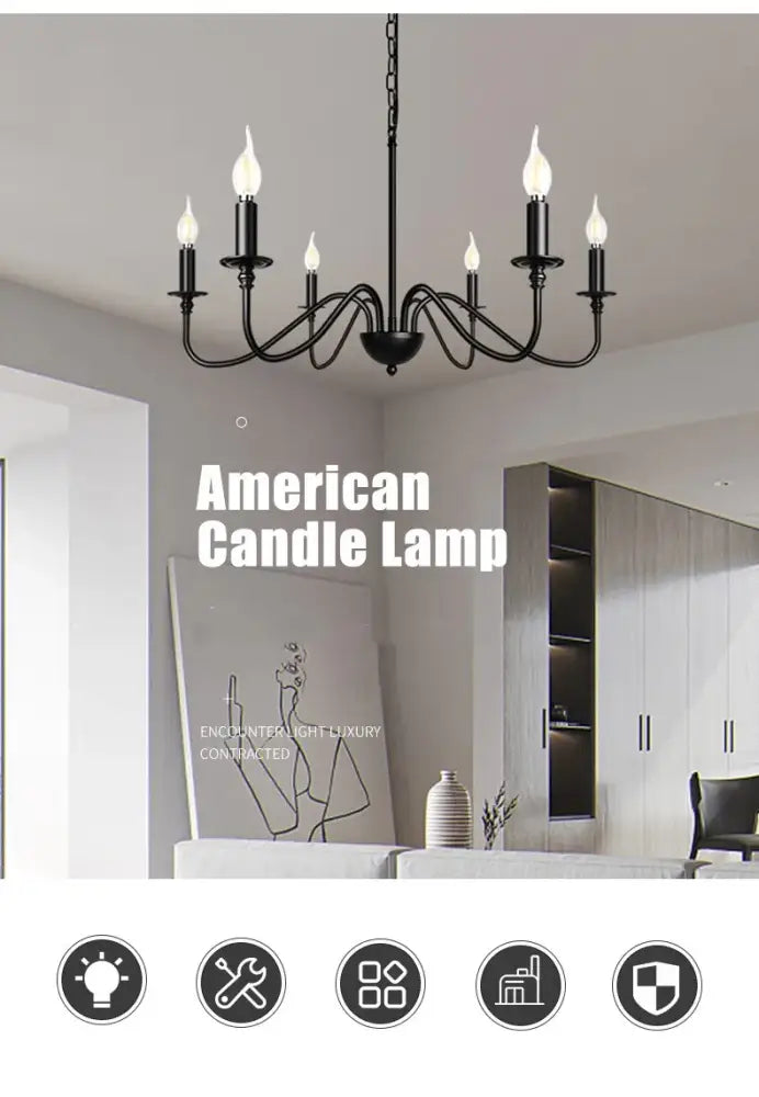 DecorBites™ vintage loft black wrought iron candle lamp with six lit bulbs ideal as living room chandelier