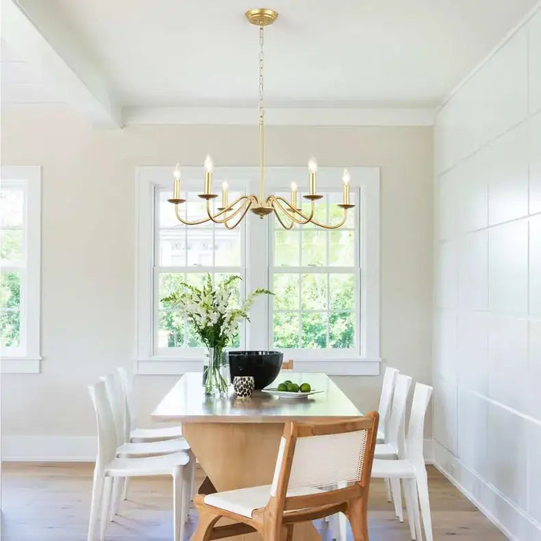 Gold-toned DecorBites™ vintage loft chandelier with candle-style lights for living room chandelier or room chandelier use