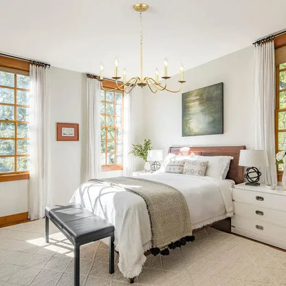 Gold-toned DecorBites vintage loft living room chandelier with candle-style bulbs and ornate curved arms ceiling fixture