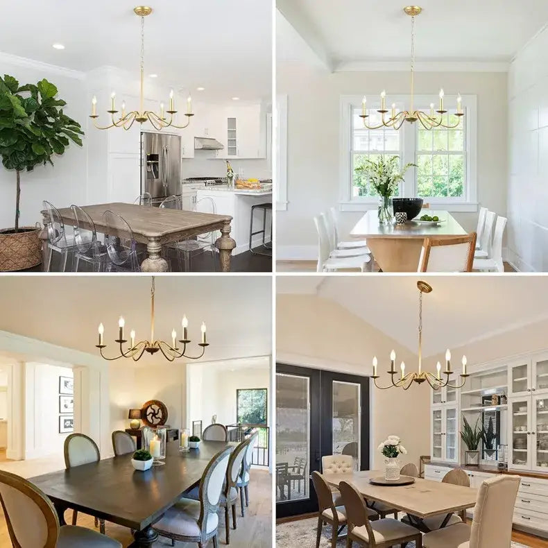 Gold-finished DecorBites™ vintage loft chandelier with ornate curved arms and candle-style bulbs for living room chandelier