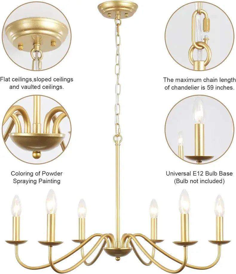 Decorbites vintage loft chandelier in gold finish with six candle-style bulbs and chain suspension for living room chandelier