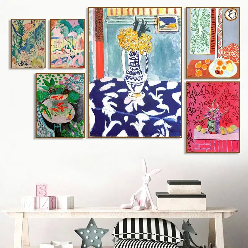 Blue and white ceramic vase with yellow flowers complements decorbites™ vintage matisse abstract landscape wall art